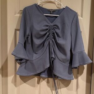Ruched V-Neck Blue Drawstring Peplum Blouse